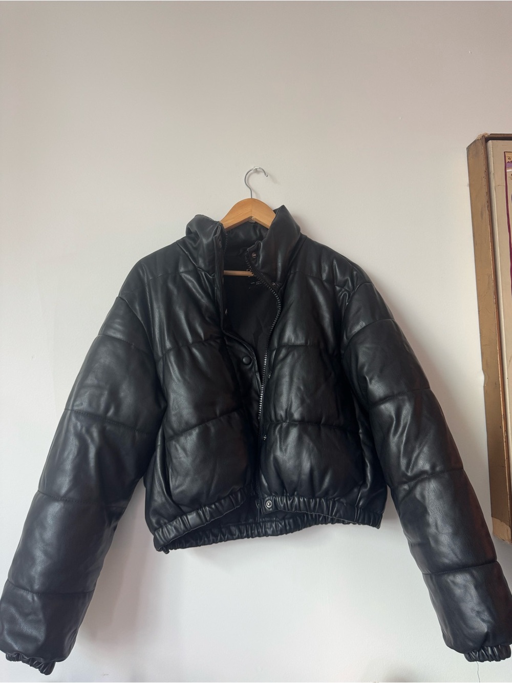 ZARA Black Faux Leather Cropped Puffer Jacket Stand Collar Small S